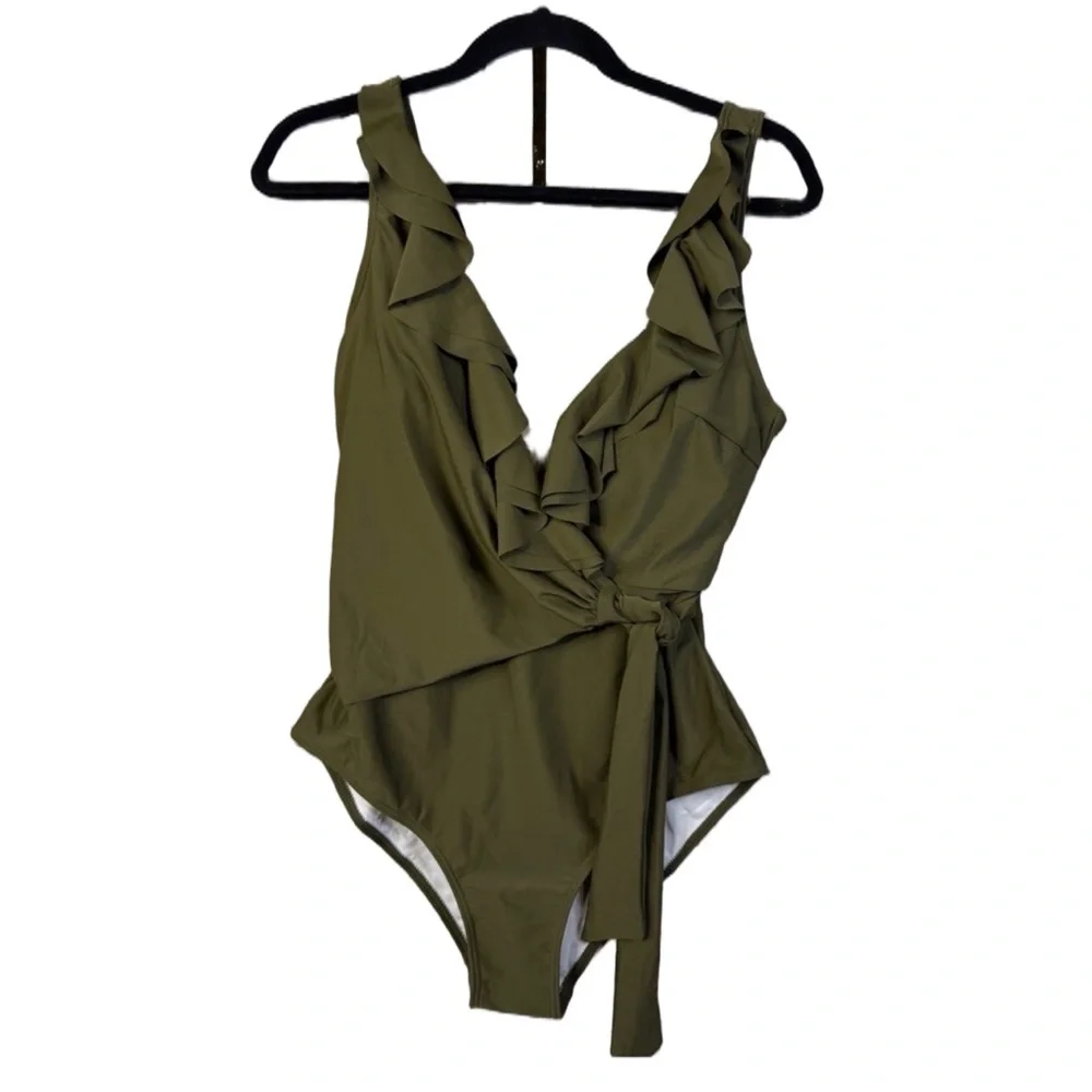 Olive Green Ruffle One Piece Swimsuit Size Large Tummy Control Beach Chic